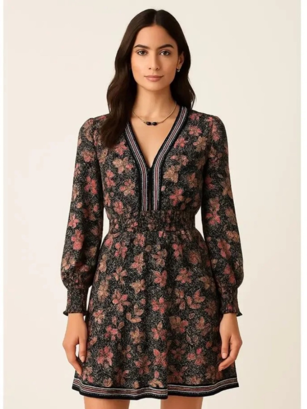Mellóday Floral Boho Dress Size Large V-Neck Smocked Waist Long Sleeve